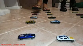 62 toy cars crush by italian tall girlfriend in mixed shoes and barefoot - high heels - crush fetish - thongs - flipflops