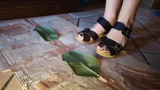 Italian girlfriend - leafs crush fetish jumping and stomping in wooden clogs