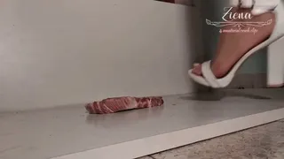 Steak crush fetish in white heeled sandals - meat food crush