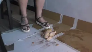 Italian girlfriend - heavy white rugged sandals crush fetish stomping on raw chicken