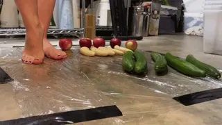 Cucumbers Bananas and apples crush fetish barefoot fruit