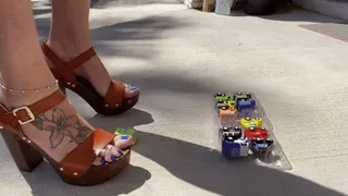 Plastic Toy Cars crush fetish in platform mules