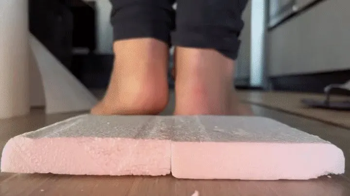 Italian girlfriend - stepping barefoot on polystyrene