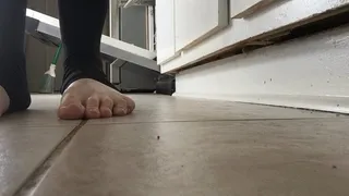 Size 10 Female Feet Doing Housework While Wearing Bare Open Toe Leggings