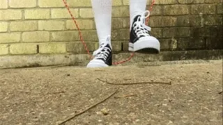 Slow Motion Size 10 Female Feet Trying To Jump Rope In Gym Socks And Tennie Shoes
