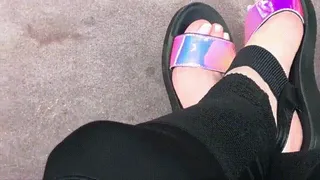 My new shiny sandals and toes tease outdoor