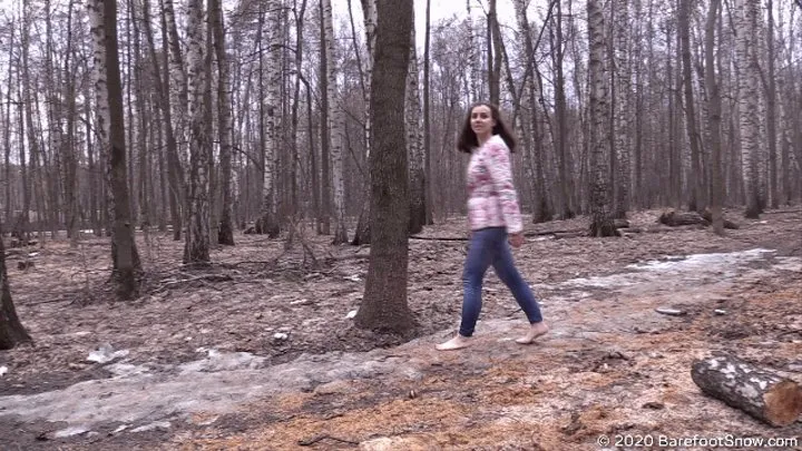 Young beautiful student Katie barefoot in the snow, ice and frozen ground (Part 1 of 5)