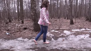 Young beautiful student Katie barefoot in the snow, ice and frozen ground (Part 2 of 5)