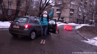 Beautiful Olga barefoot on the snow and in her car (Part 6 of 6)
