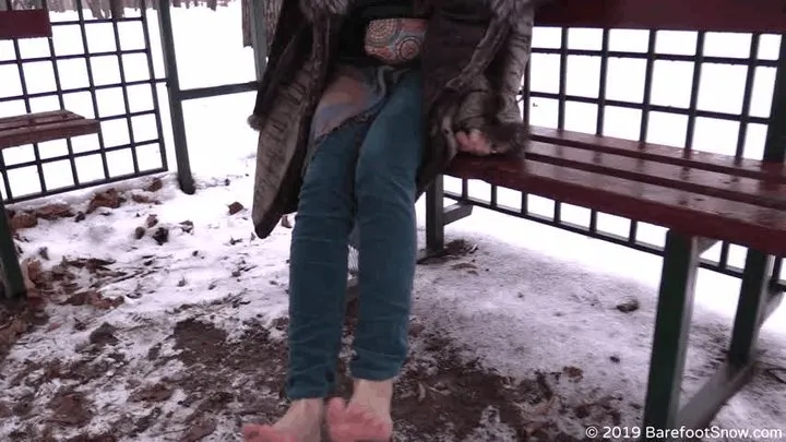 Beautiful girl Alevtina walks barefoot in the winter public park for a long time (Part 3 of 6)