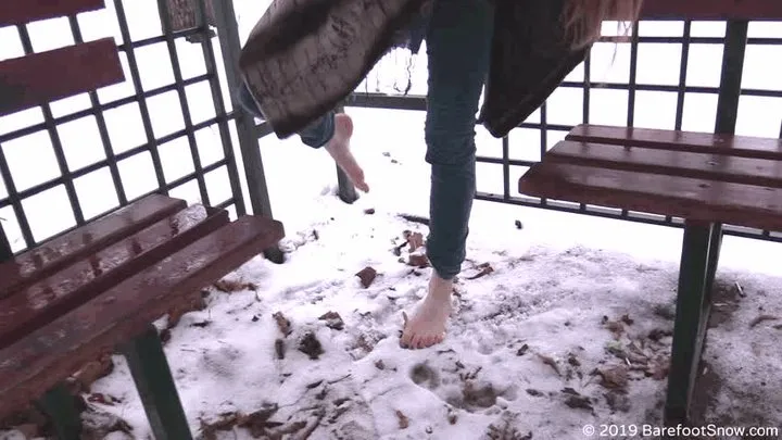 Beautiful girl Alevtina walks barefoot in the winter public park for a long time (Part 4 of 6)