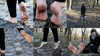 Young barefoot girl Anastasia walks on frozen ground, mud, ice and melt snow (Full with 49% discount)