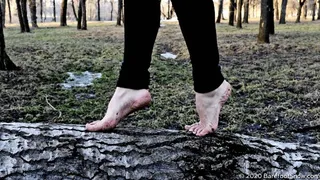 Young barefoot girl Anastasia walks on frozen ground, mud, ice and melt snow (Part 5 of 6)