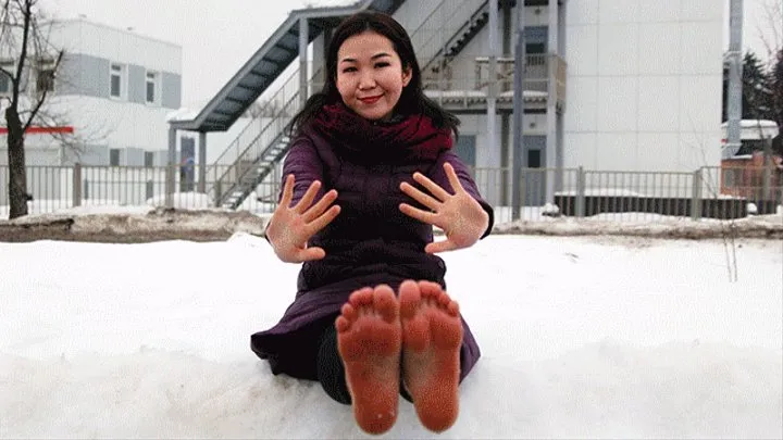 Modest Asian Aliya walks barefoot on the snow and frozen asphalt (Full with 26% discount)