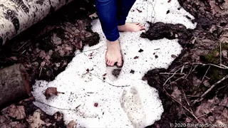 Young beautiful student Katie barefoot in the snow, ice and frozen ground (Part 4 of 5)