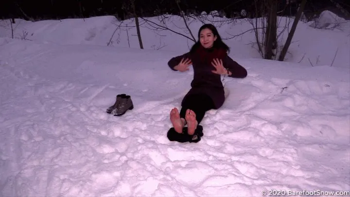 Modest Asian Aliya walks barefoot on the snow and frozen asphalt (Part 5 of 5)