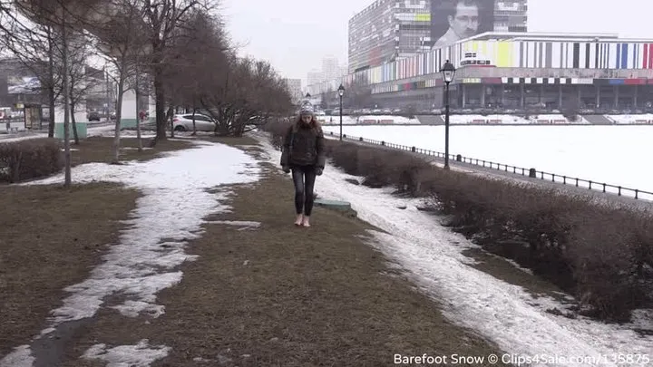 Young barefoot girl on frozen bench and ground (Part 2 of 4)