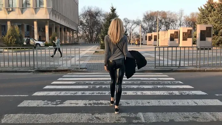 Public walking and posing in latex pants