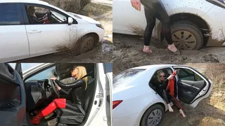 Katya stuck in the mud and walking barefoot