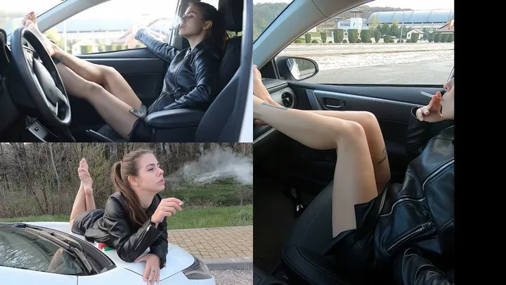 Katya Nicky smoking barefoot in the car