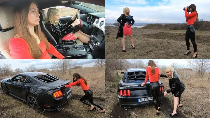 Two girls got stuck on black Mustang