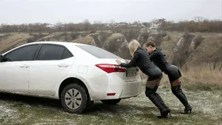 Katya and Nastya pushing the car "custom"