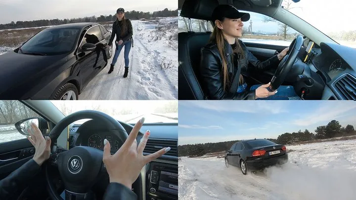 Natasha driving Volkswagen Passat through snowy streets