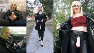Leather blonde posing with strapon and walking in the park