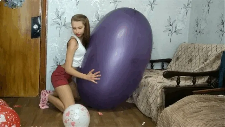 Nastya on huge purple balloon