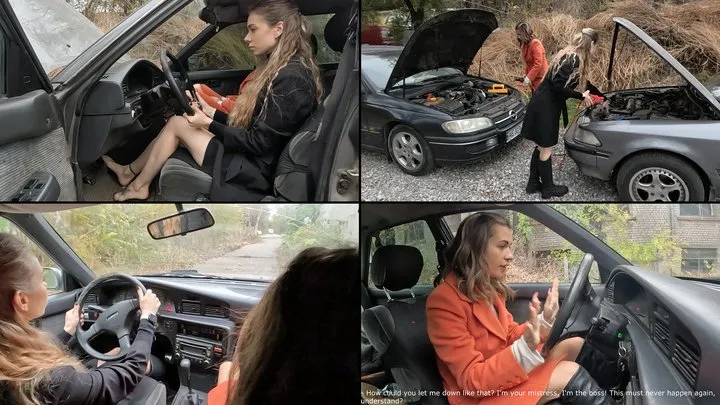 Chloe and Alina charge the battery by revving the engine and practicing driving