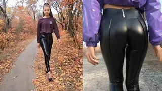 Nastya walking in her shiny leggings