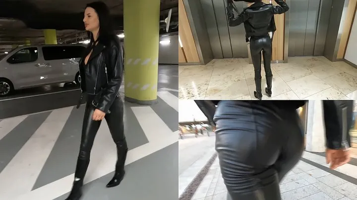 Hot brunette Jade walking outdoors in her all leather outfit