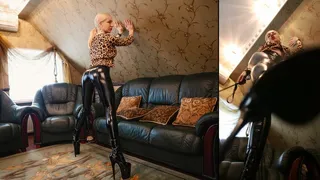 Mistress Katya in tight leather leggings whipping