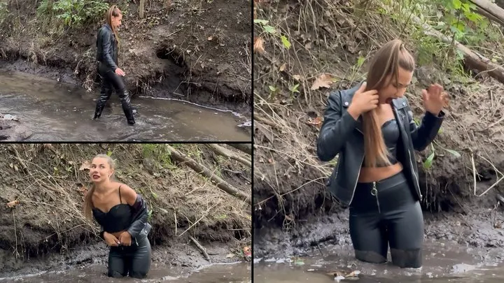 Nastya crosses the stream and gets really stuck deep