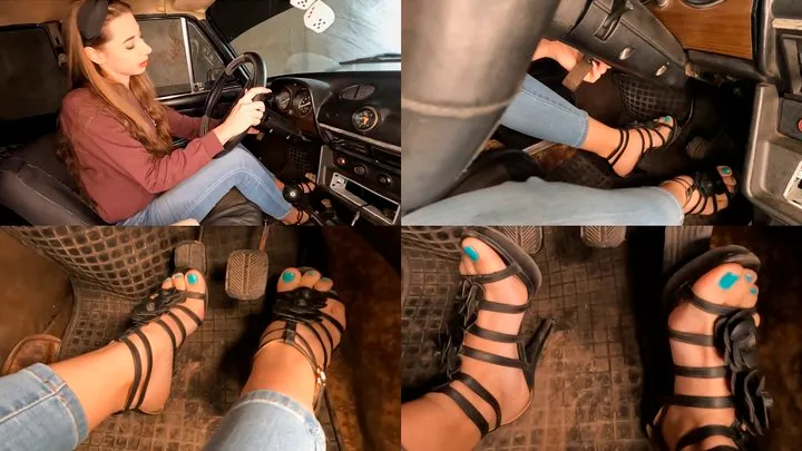 Nastya cranking old VAZ with a focus on her feet