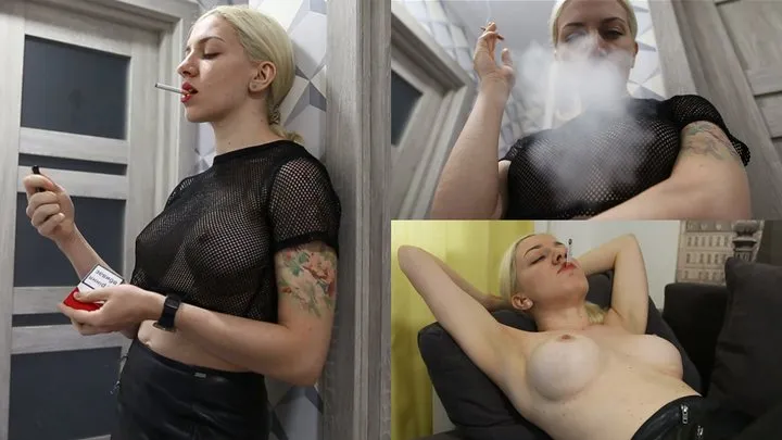 Vulgar blonde in leather smokes after party