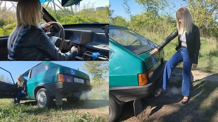 Anastasia plays with exhaust fumes in platform sandals