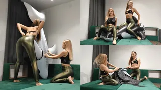 Nastya and Lucy inflate the whale with their mouths, then sit to pop