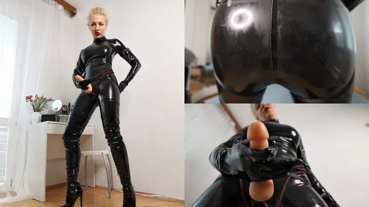 Katya wearing latex catsuit and fucks POV with strap-on