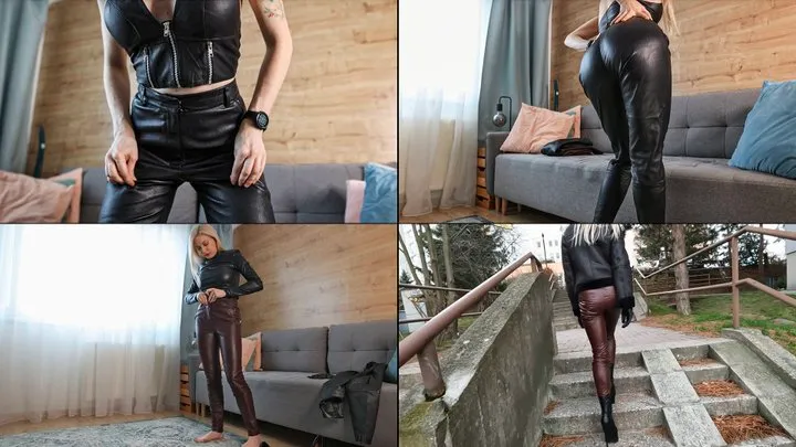 Katya wearing two totally leather outfits and walking outdoors