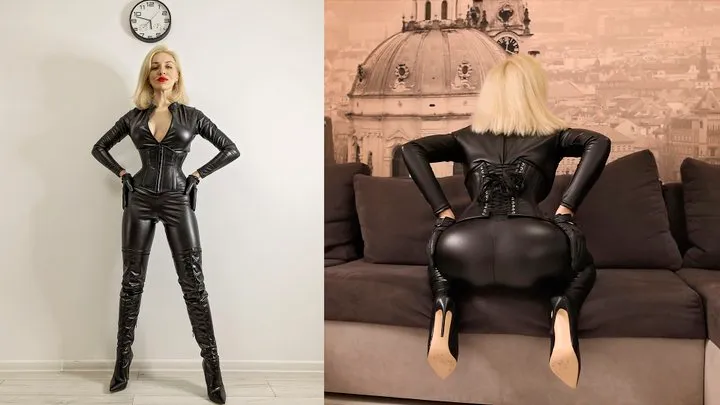 Mistress Katya wearing leather catsuit