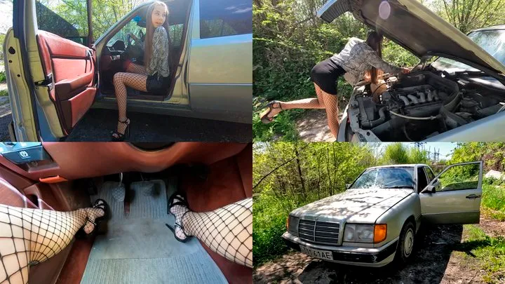 Nastya exploring an old Mercedes