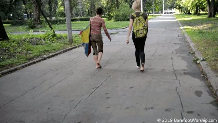 Street foot worship of barefooters Oksana and Olga (Part 1 of 6)