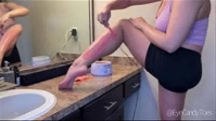 Waxing Hairy Legs with Sexy Feet on the Counter