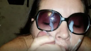 Sexy BBW sucks in sunglasses and gets cum covered