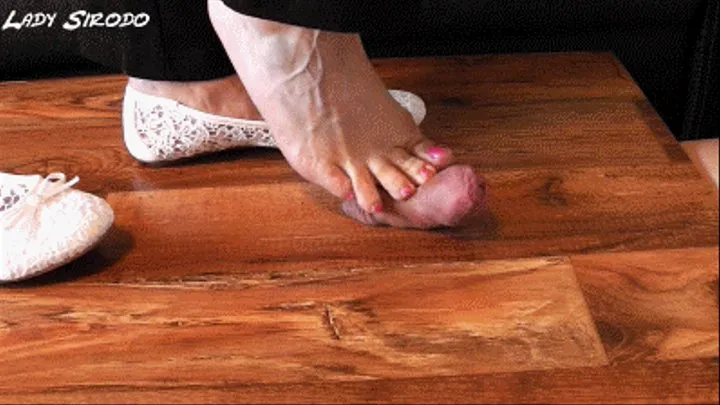 Footjob with one white lace Ballerina