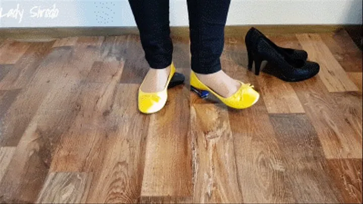 Crushing a toy car and a pc mouse with yellow ballerinas and black Pumps