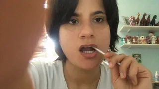 Miss Minnie has very strong teeth - she looks like she bites and destroys this poor plastic straw - video with replay and slow motion