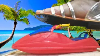 Giantess Destroys Teenie boyfriend's Jet ski at Beach