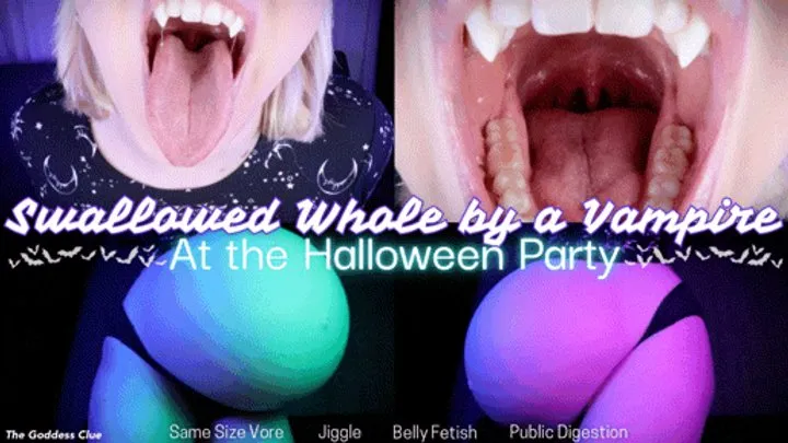 Swallowed Whole by a Vampire at the Halloween Party - - The Goddess Clue, Bitten by a Seductive Vampire, Same Size Vore, Belly Fetish, Jiggling, Public Digestion while Dancing at the Party, Halloween Themed